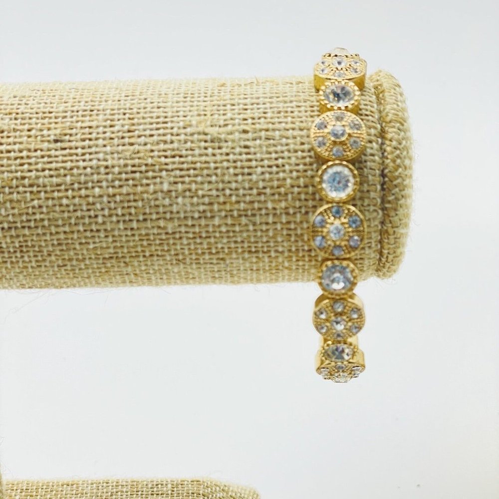 Rhinestone Encrusted Disc Stretch Bracelet Gold Tone Glam Bling Sparkle Holiday - Picture 4 of 6